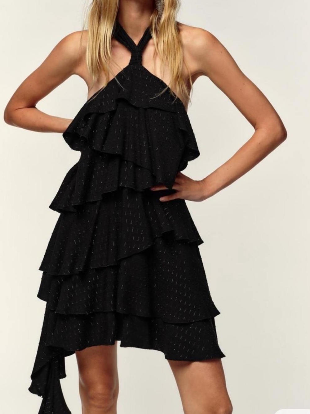 Zara Black One-Shoulder Tiered Ruffle Dress